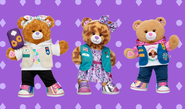 three build a bears on patterned background