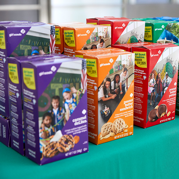boxes of three different Girl Scout cookie varieties