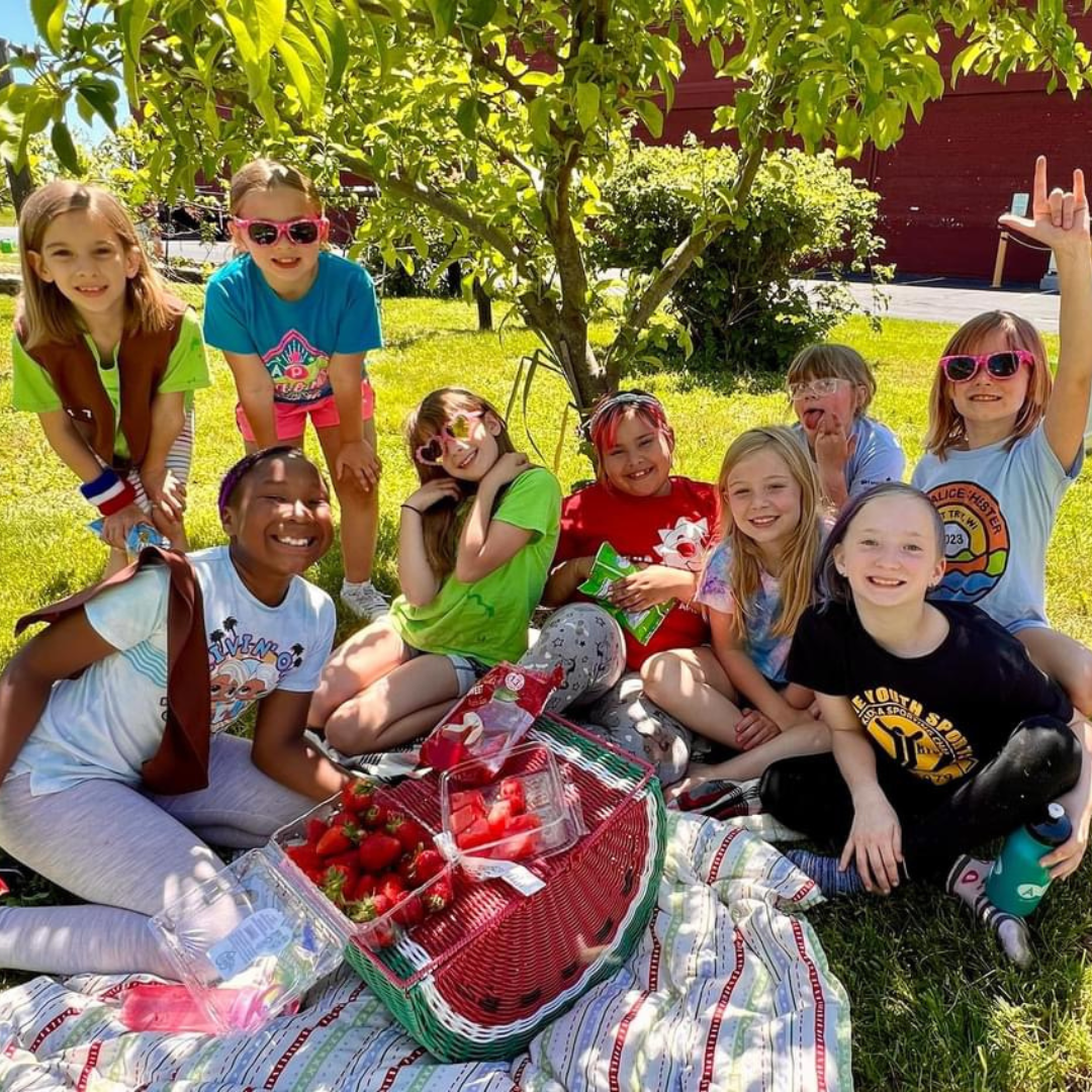 girl scout brownie troop enjoying outdoor picnic