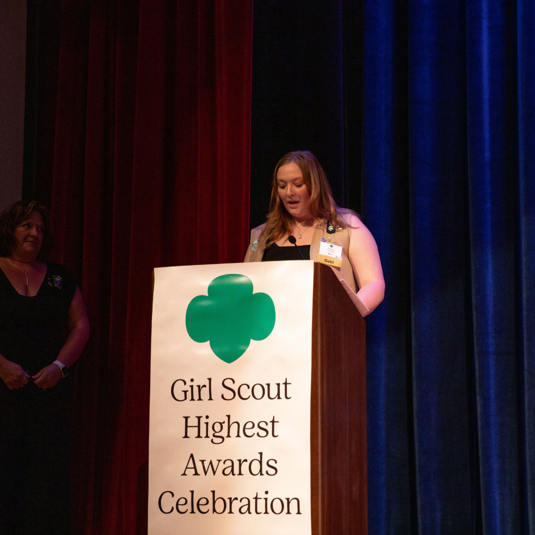 gold award girl scout speaking at highest awards ceremony