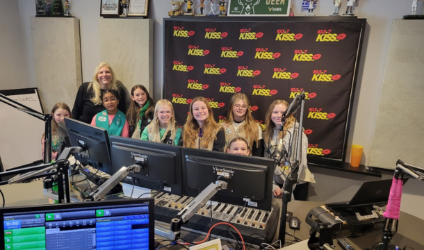 girl scouts at radio station with radio host