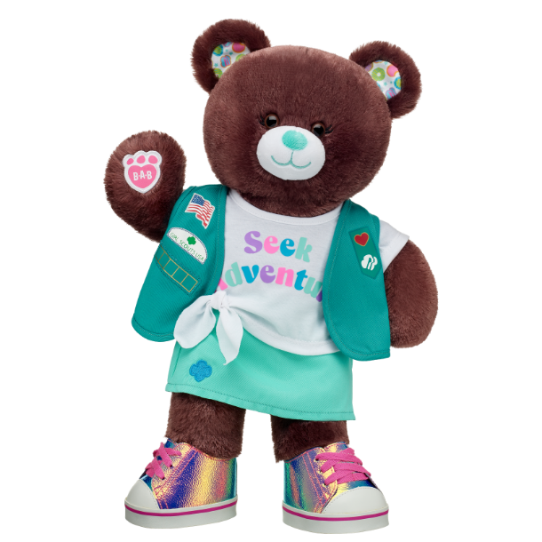girl scout themed build a bear wearing green vest