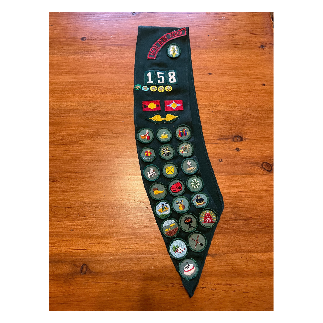 vintage green sash with badges and patches