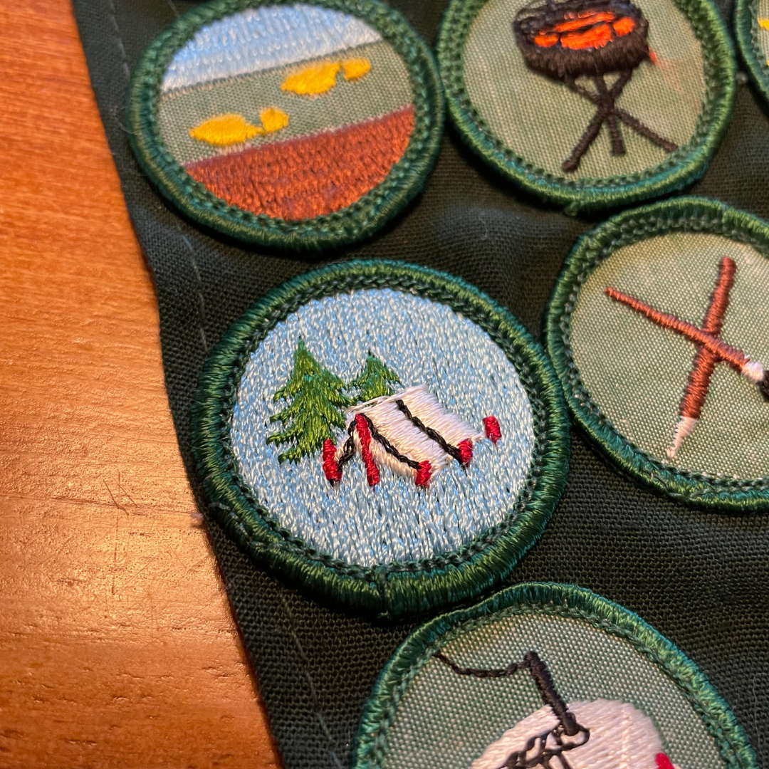 vintage green sash with badges and patches