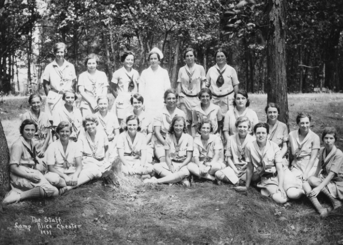 historic vintage black and white photo of camp staff