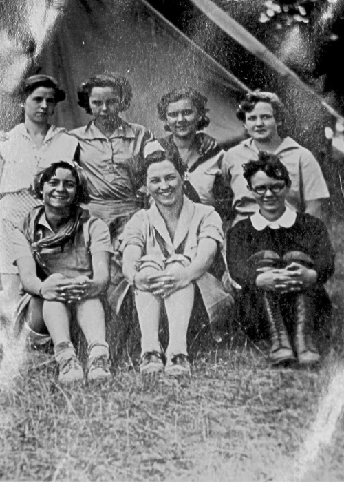 vintage black and white camp group of girl scouts at camp