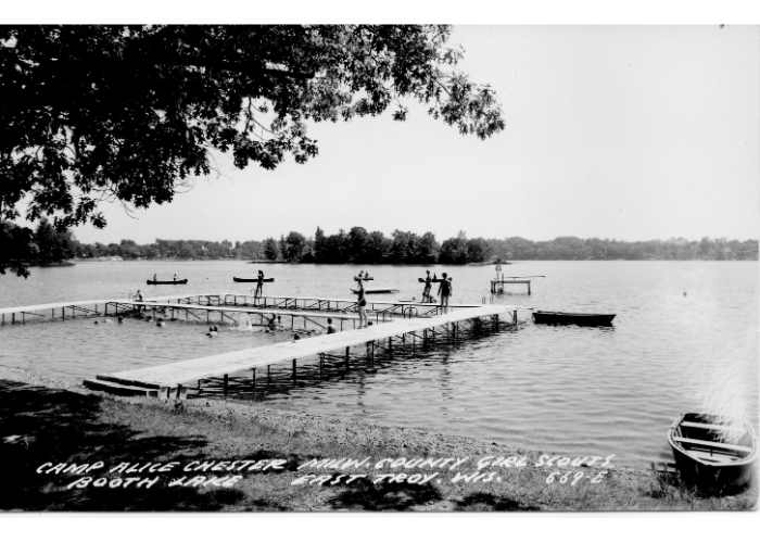 black and white postcard of pier at camp alice chester