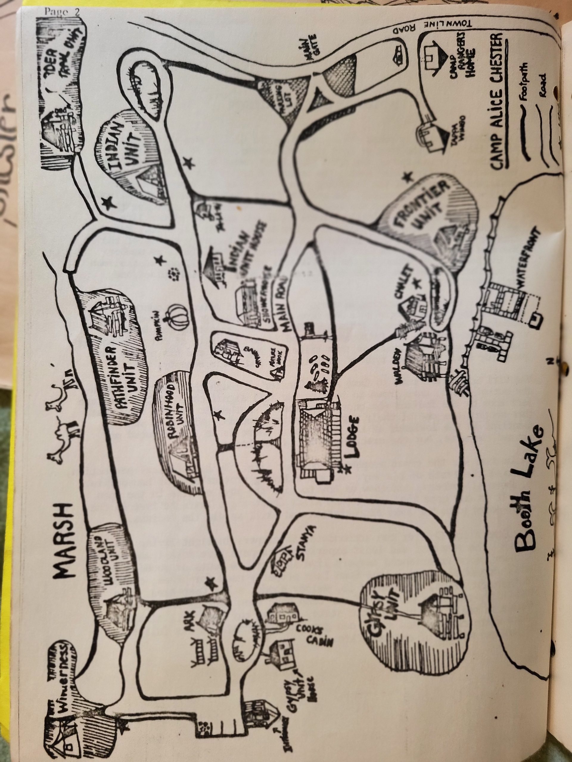 Hand drawn map of Camp Alice Chester from the 1970s