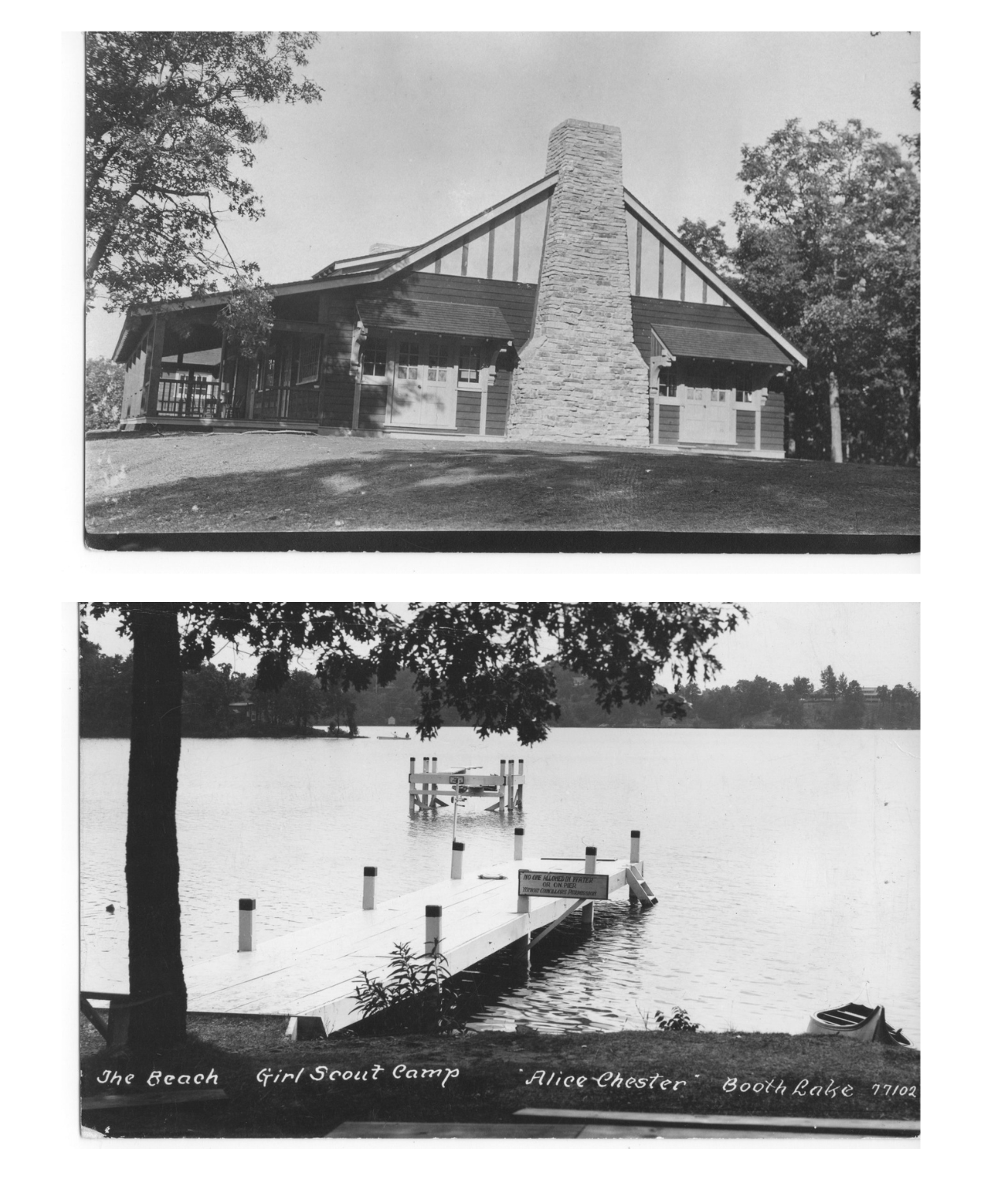 two vintage black and white camp alice chester postcards