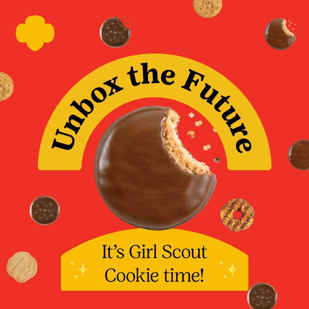 red graphic with girl scout cookies saying unbox the future it's girl scout cookie time