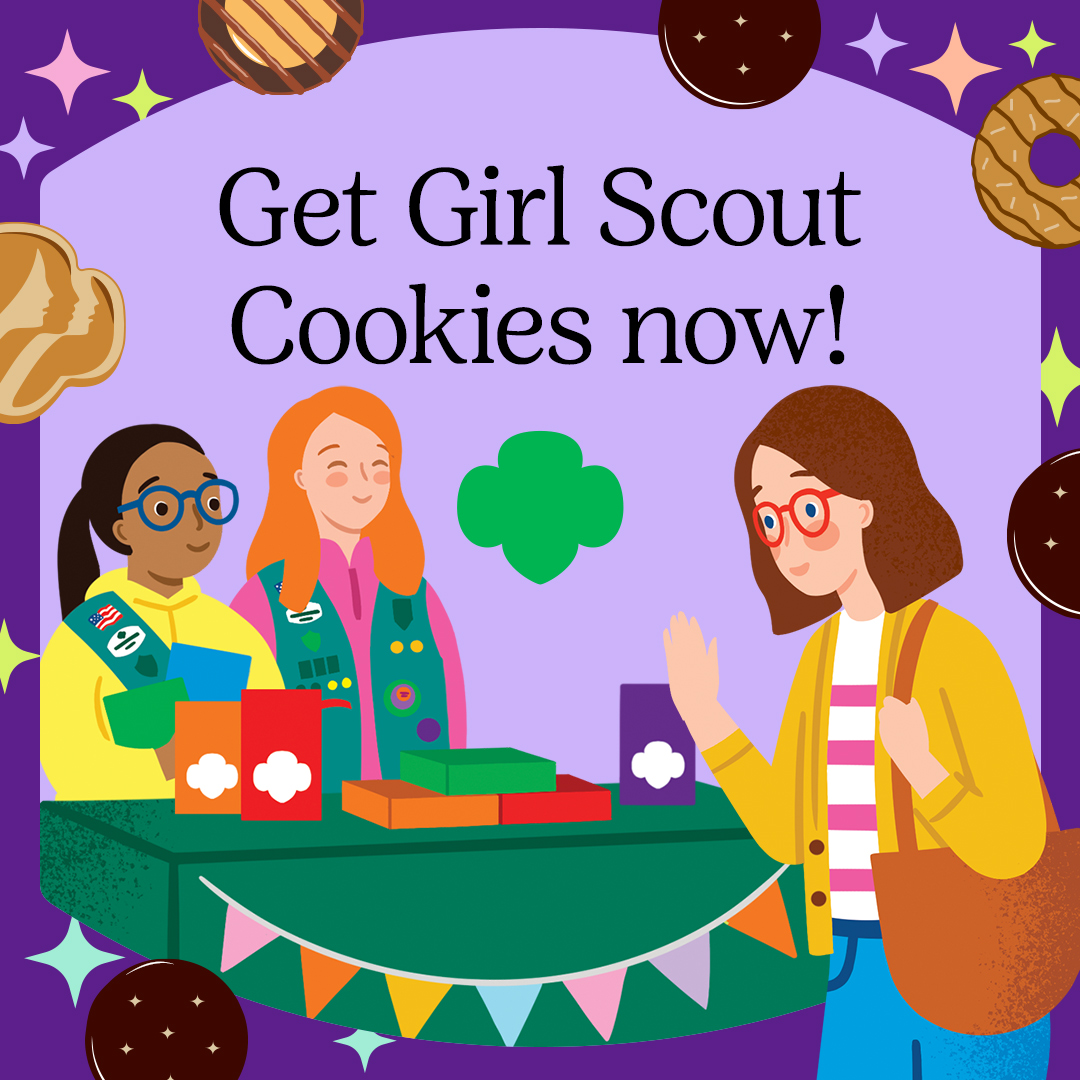 clip art graphic with girl scouts at cookie booth reading get girl scout cookies now
