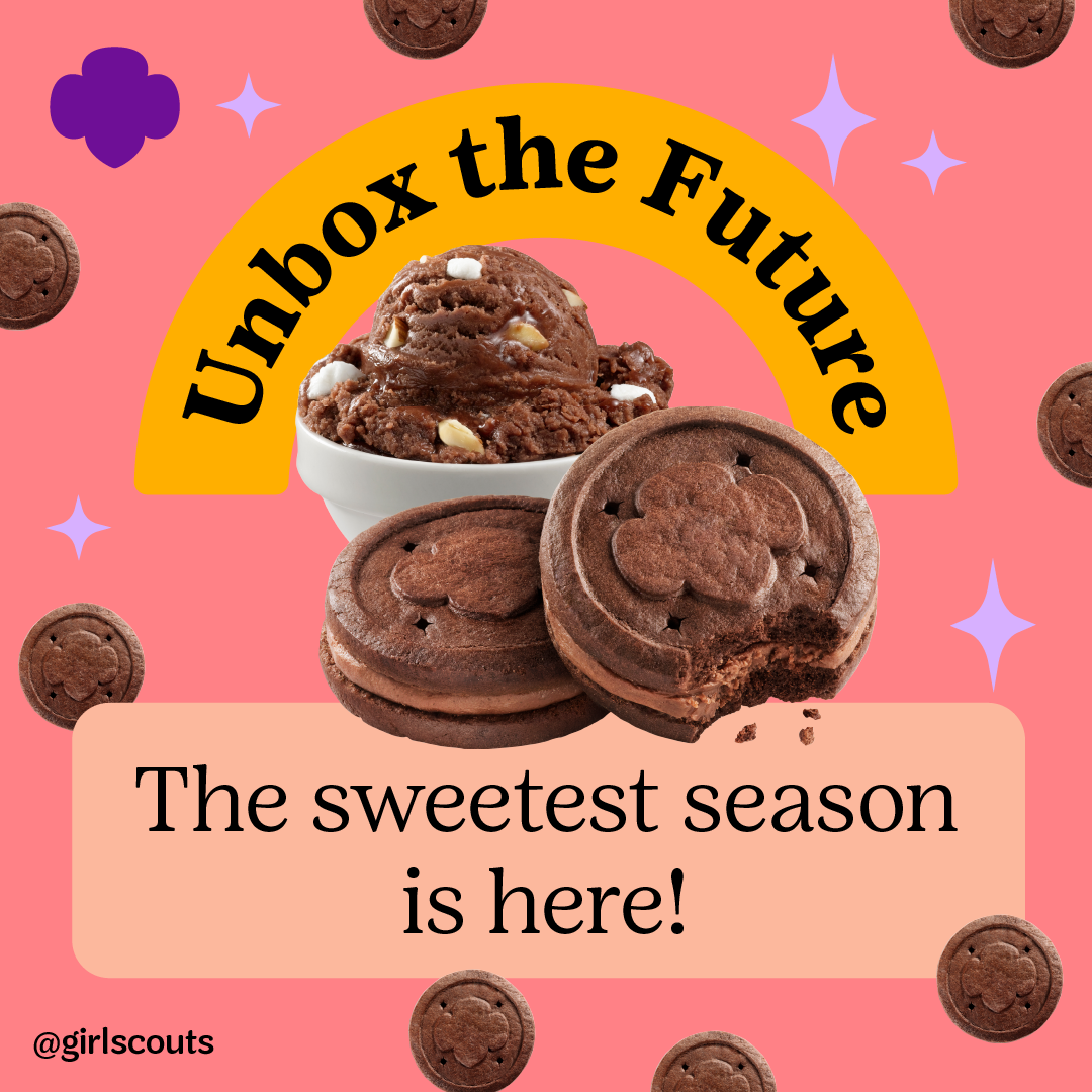 pink graphic with girl scout cookies saying unbox the future it's girl scout cookie time