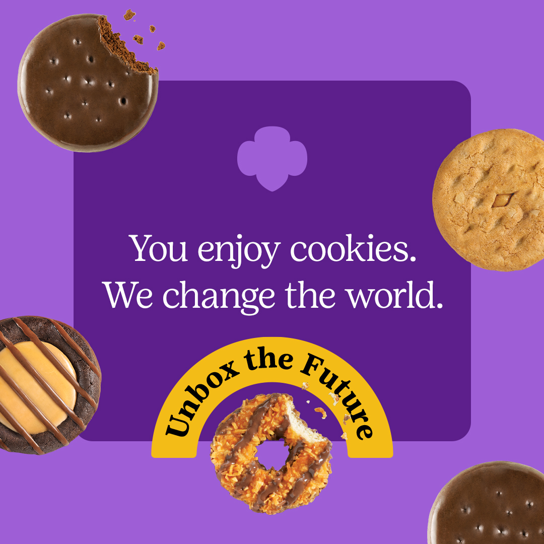 girl scout cookie graphic reading you enjoy cookies we change the world