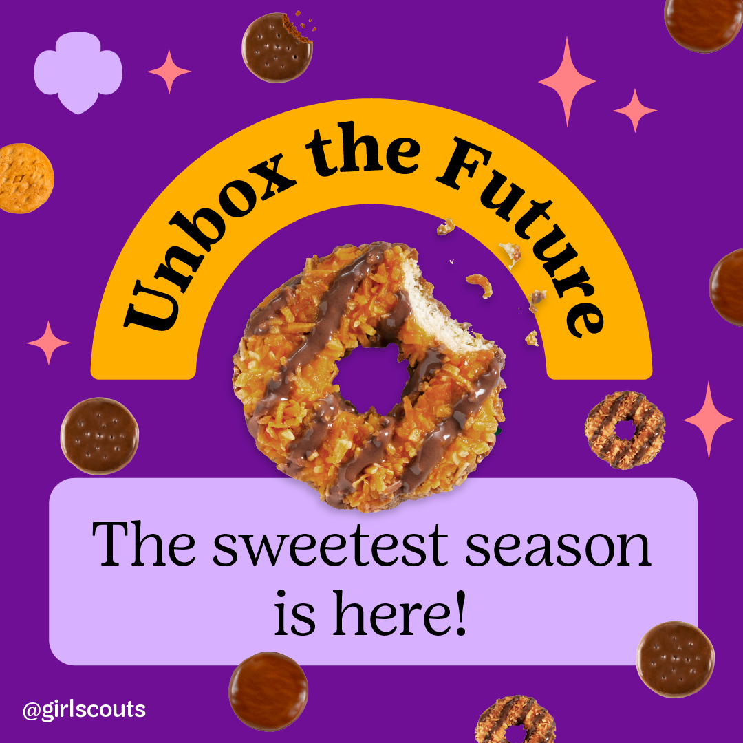 purple graphic with girl scout cookies saying unbox the sweetest season is here